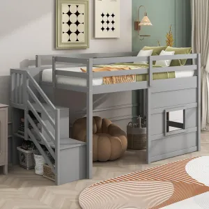 Low Loft Bed with Stairs, Twin Size Storage Loft Bed Frame with Staircase and Window, Wood Kids Loft Bed with Steps for Boys Girls Teens, Gray