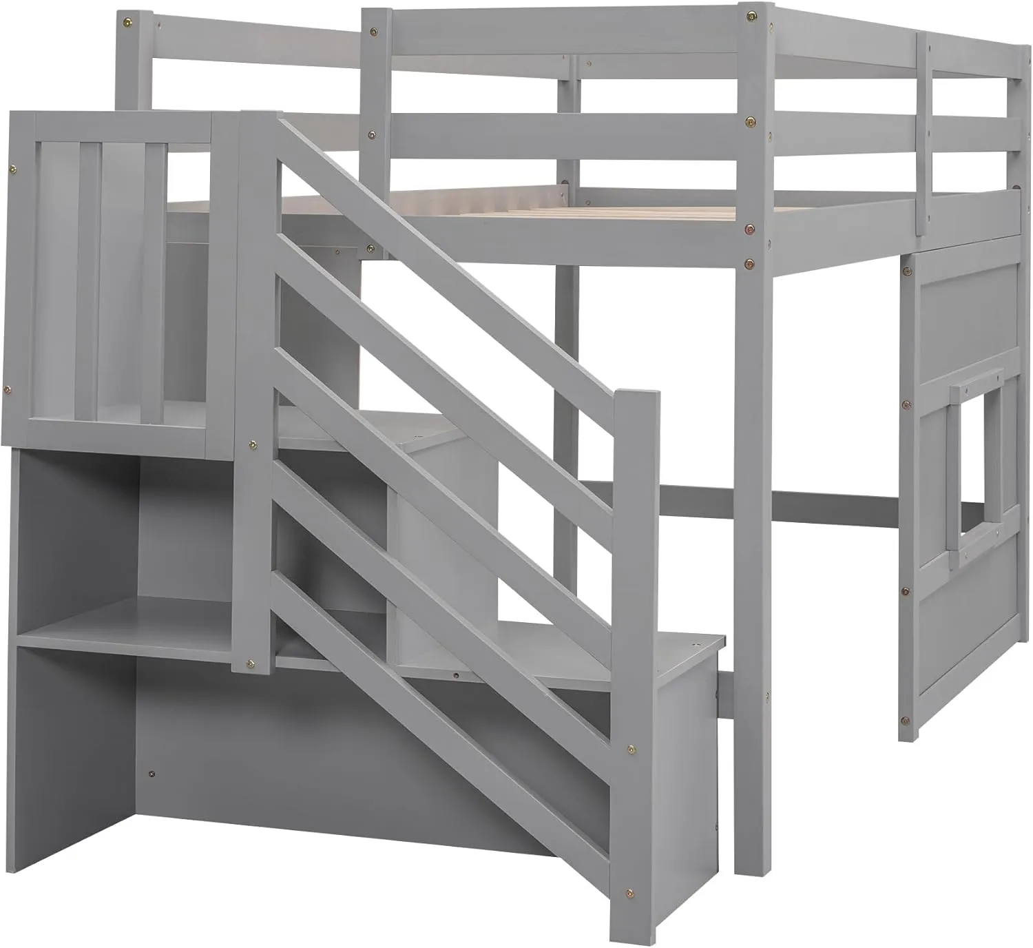 Low Loft Bed with Stairs, Twin Size Storage Loft Bed Frame with Staircase and Window, Wood Kids Loft Bed with Steps for Boys Girls Teens, Gray