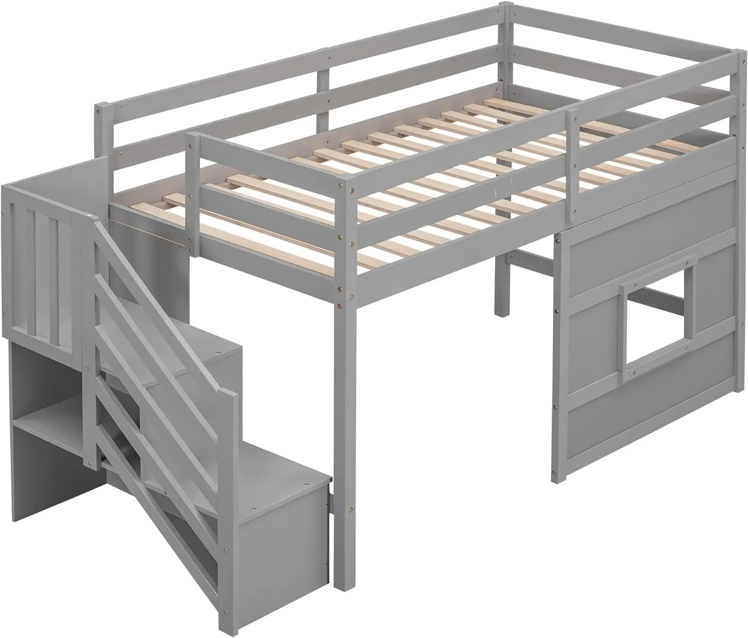 Low Loft Bed with Stairs, Twin Size Storage Loft Bed Frame with Staircase and Window, Wood Kids Loft Bed with Steps for Boys Girls Teens, Gray