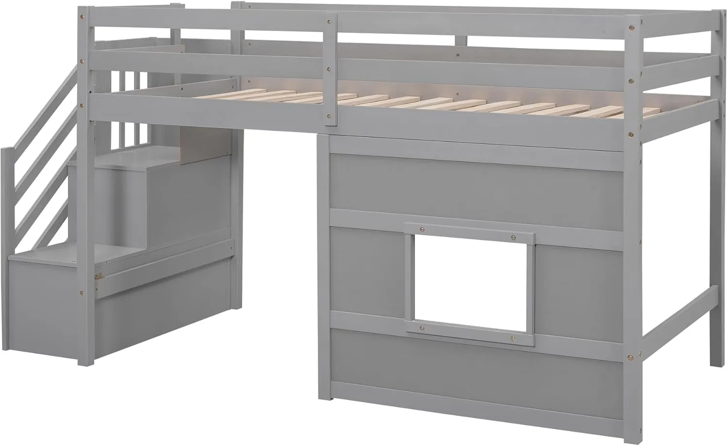 Low Loft Bed with Stairs, Twin Size Storage Loft Bed Frame with Staircase and Window, Wood Kids Loft Bed with Steps for Boys Girls Teens, Gray