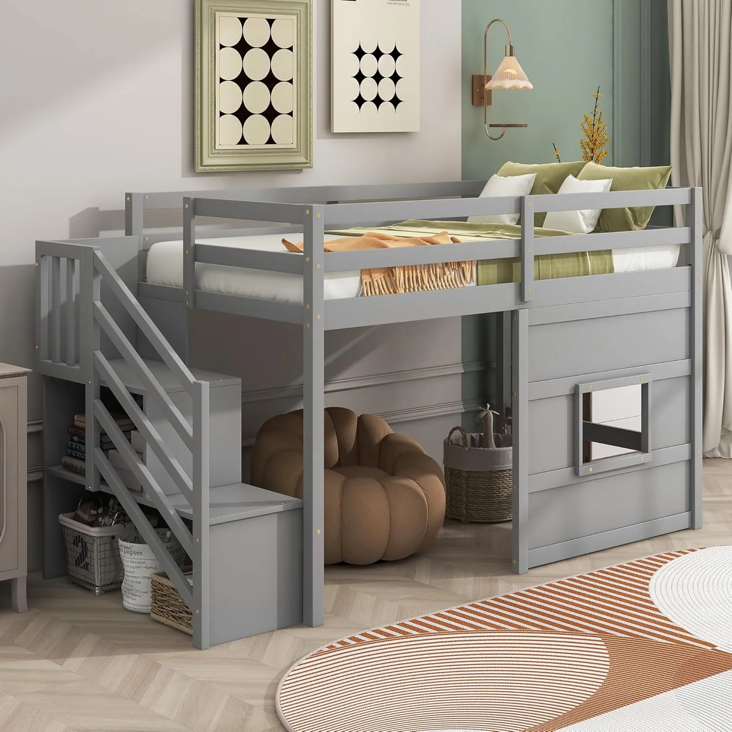 Low Loft Bed with Stairs, Twin Size Storage Loft Bed Frame with Staircase and Window, Wood Kids Loft Bed with Steps for Boys Girls Teens, Gray