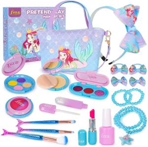 Loyo Pretend Makeup for Toddlers - Pretend Play Makeup for Little Girls with Mermaid Purse, Fake Makeup Toys Set for Toddler Girls Age 3 4 5 6 Christmas Birthday Gift