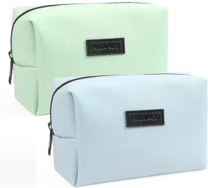 MAANGE 2 Pcs Small Makeup Bag For Purse, Travel Cosmetic Bag Makeup Pouch PU Leather Portable Versatile Zipper Pouch For Women (Blue Green)