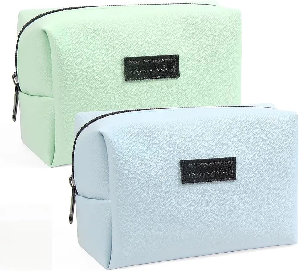 MAANGE 2 Pcs Small Makeup Bag For Purse, Travel Cosmetic Bag Makeup Pouch PU Leather Portable Versatile Zipper Pouch For Women (Blue Green)