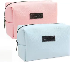 MAANGE 2 Pcs Small Makeup Bag For Purse, Travel Cosmetic Bag Makeup Pouch PU Leather Portable Versatile Zipper Pouch For Women (Pink Blue)