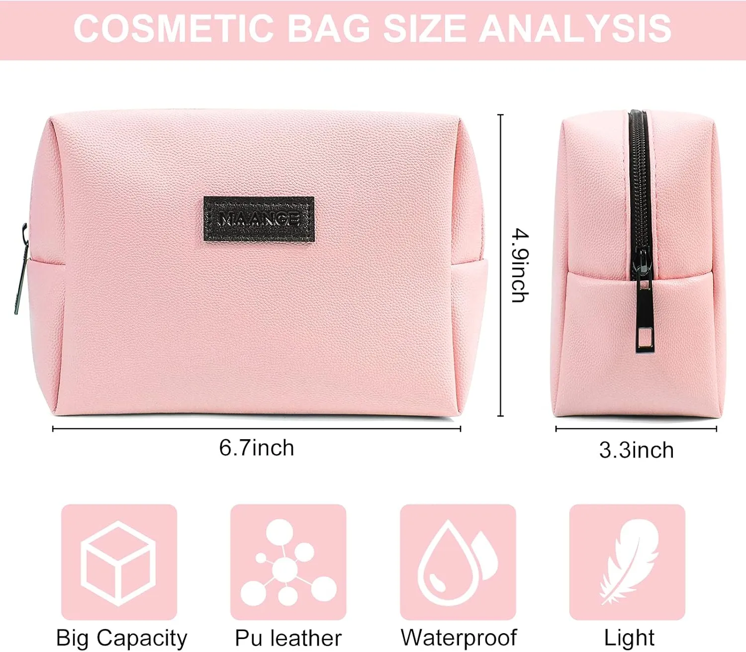 MAANGE 2 Pcs Small Makeup Bag For Purse, Travel Cosmetic Bag Makeup Pouch PU Leather Portable Versatile Zipper Pouch For Women (Pink Blue)