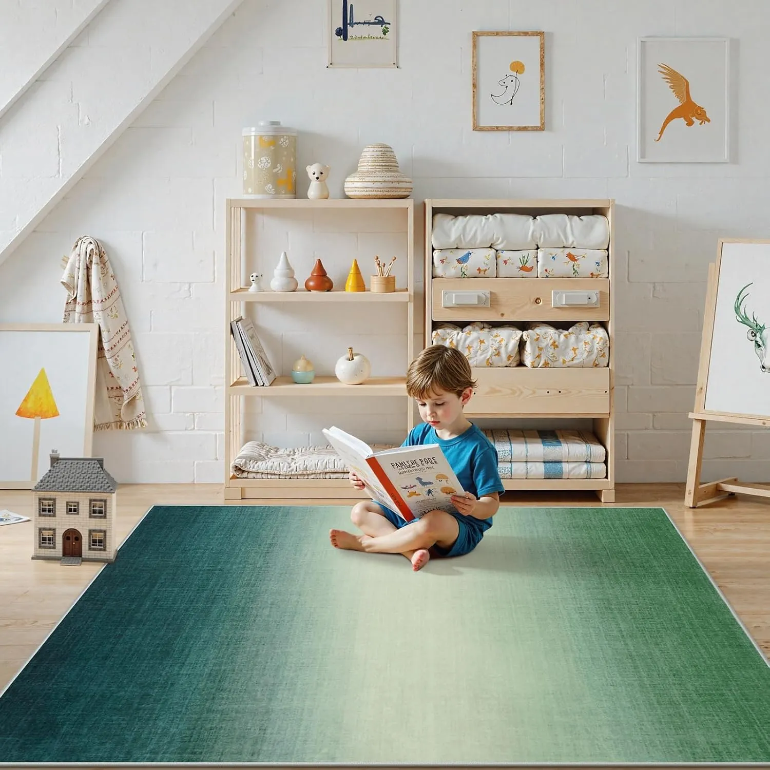 Machine Washable 5x7 Area Rugs for Living Room Ombre, Non Slip Green Soft Low Pile Abstract Modern Cute Girls Rugs for Bedroom Indoor, Large Carpet Playroom Nusrery Kids Dining Office Room Rugs