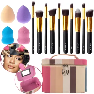Make Up Artists Tools Set/Kit/Lot With 10pcs Various Kabuki Brushes/Applicators, 4 Foundation Sponges/Blenders and Makeup Cosmetics Bag/Box/Organizer/Holder