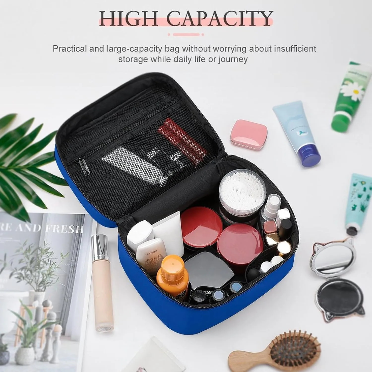 Makeup Bag, Cobalt Blue Solid Color Travel Cosmetic Bag Makeup Organizer Case Large Capacity Portable Zipper Toiletry Bag for Women