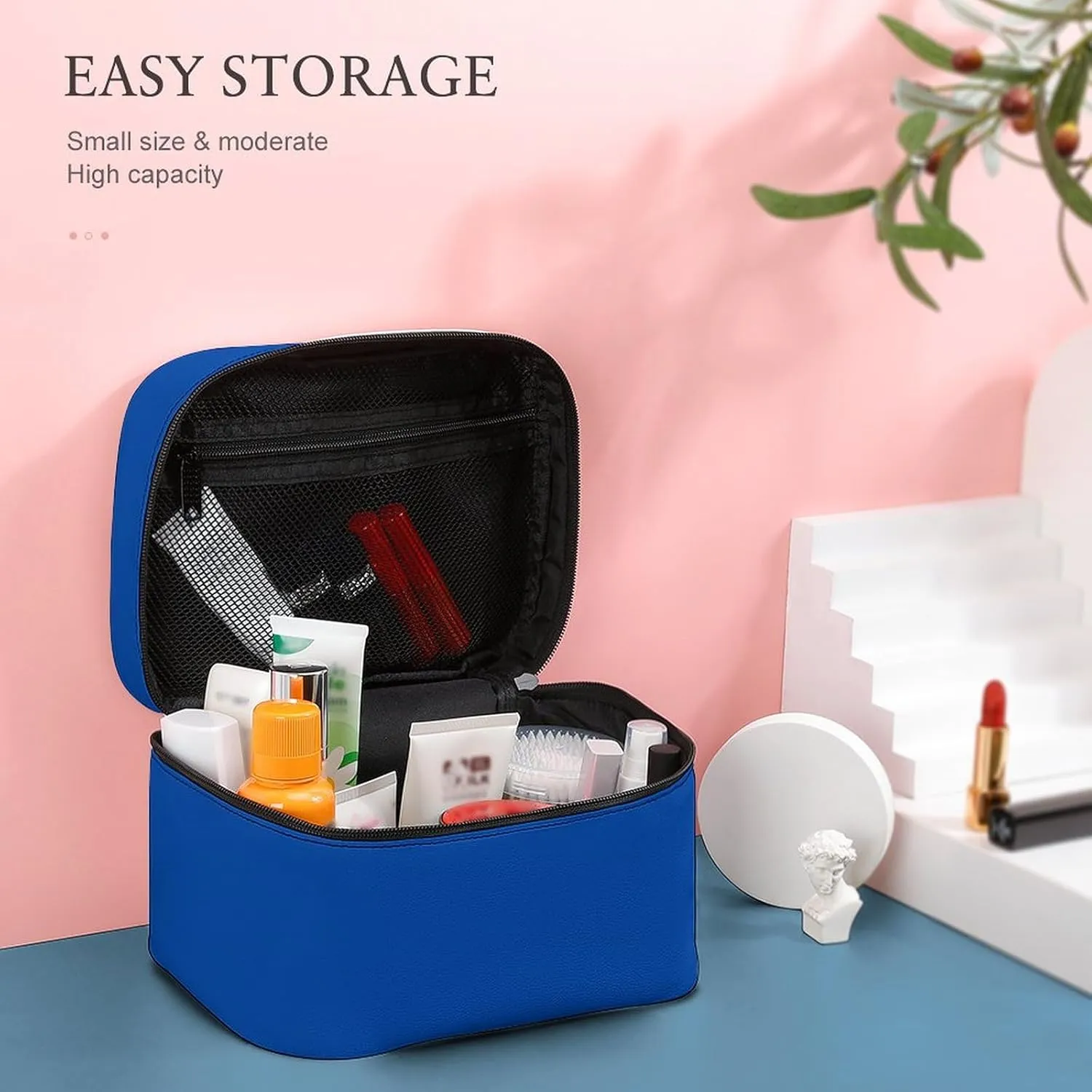 Makeup Bag, Cobalt Blue Solid Color Travel Cosmetic Bag Makeup Organizer Case Large Capacity Portable Zipper Toiletry Bag for Women