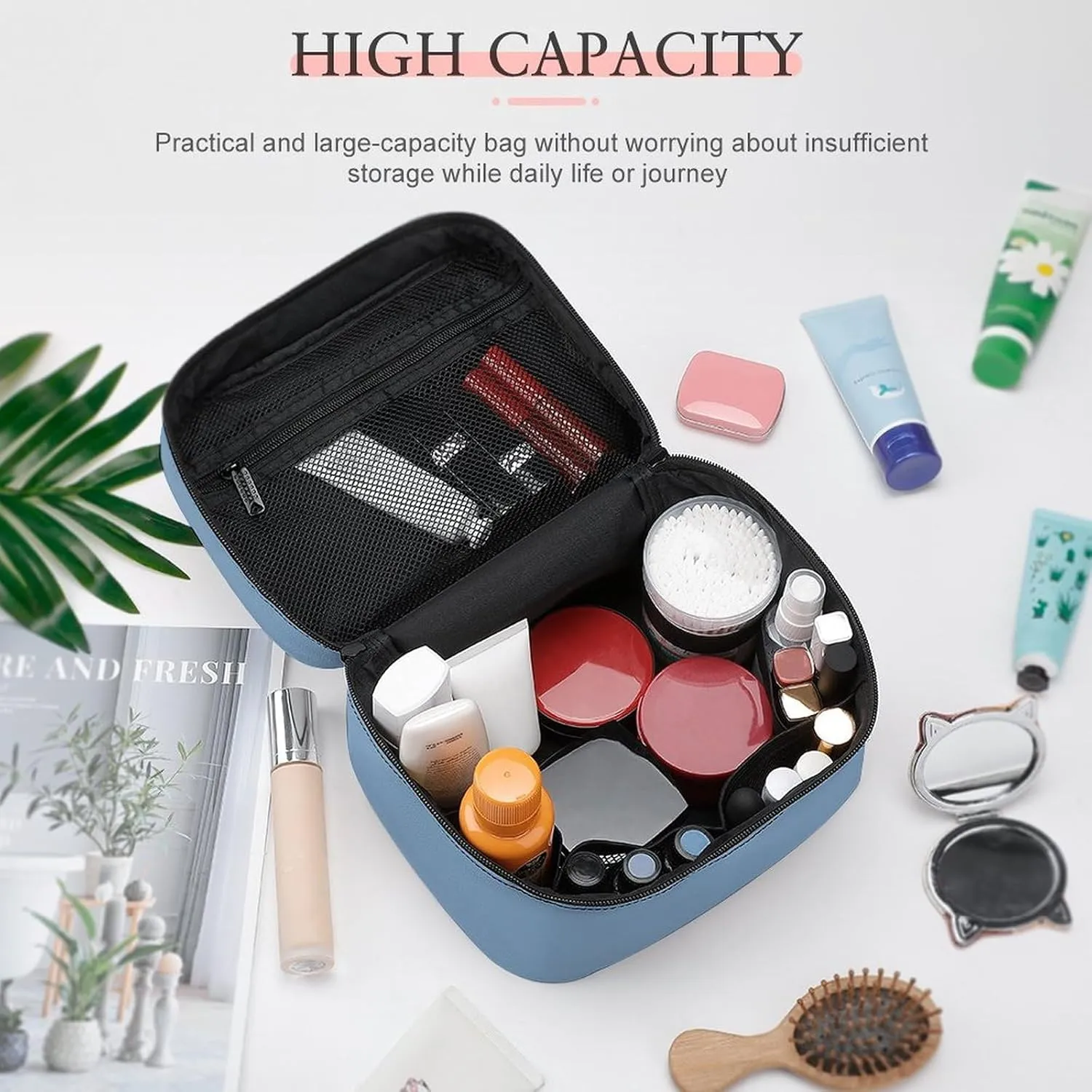 Makeup Bag, Dusty Blue Solid Color Travel Cosmetic Bag Makeup Organizer Case Large Capacity Portable Zipper Toiletry Bag for Women
