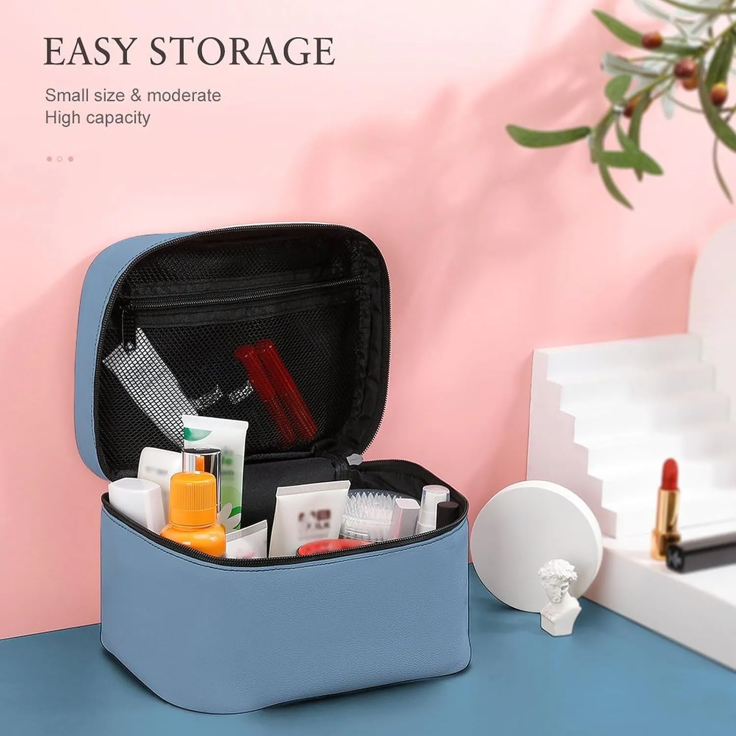 Makeup Bag, Dusty Blue Solid Color Travel Cosmetic Bag Makeup Organizer Case Large Capacity Portable Zipper Toiletry Bag for Women