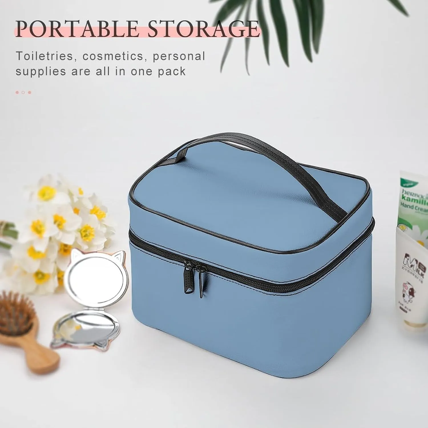 Makeup Bag, Dusty Blue Solid Color Travel Cosmetic Bag Makeup Organizer Case Large Capacity Portable Zipper Toiletry Bag for Women