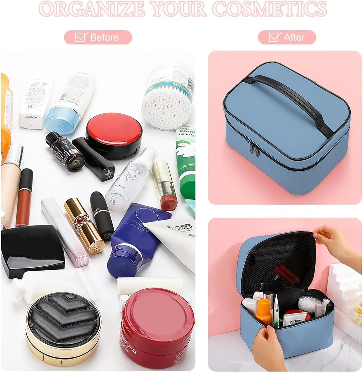 Makeup Bag, Dusty Blue Solid Color Travel Cosmetic Bag Makeup Organizer Case Large Capacity Portable Zipper Toiletry Bag for Women