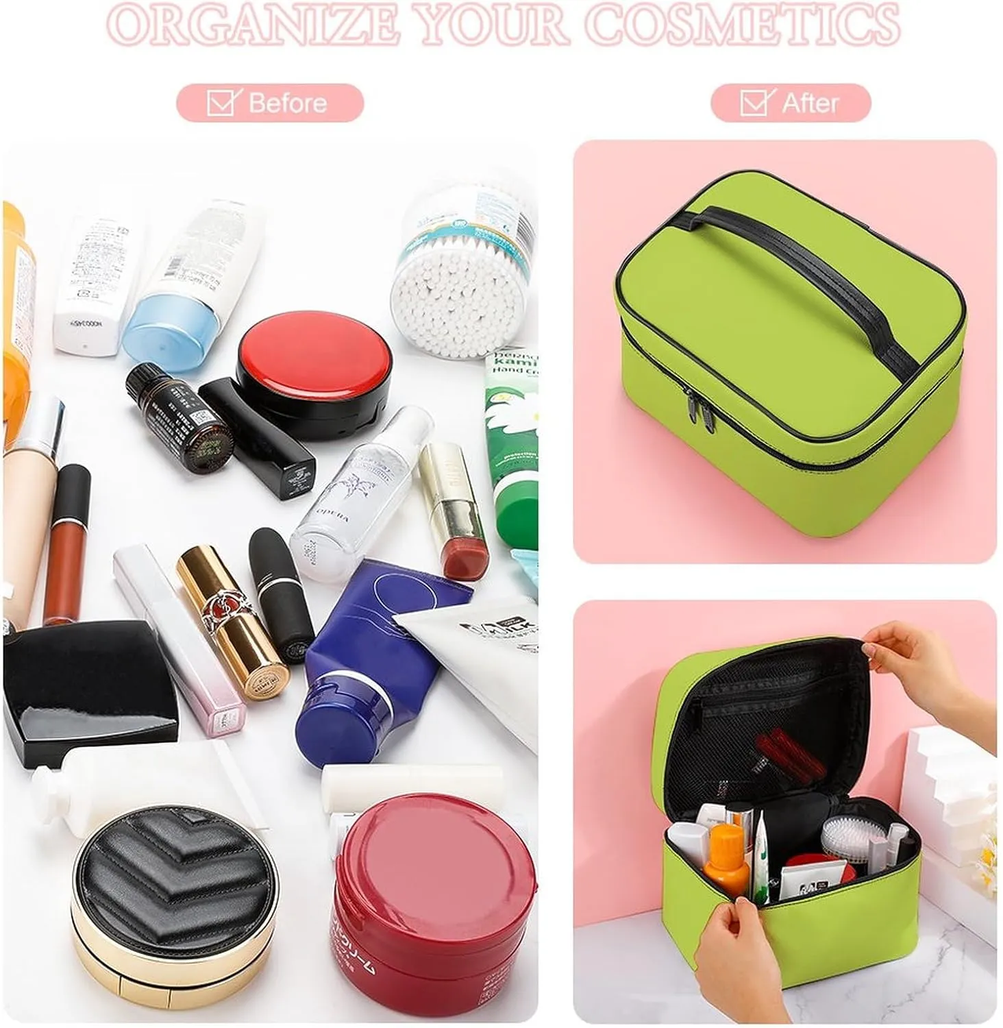 Makeup Bag, Green Plain Solid Colo Travel Cosmetic Bag Makeup Organizer Case Large Capacity Portable Zipper Toiletry Bag for Women