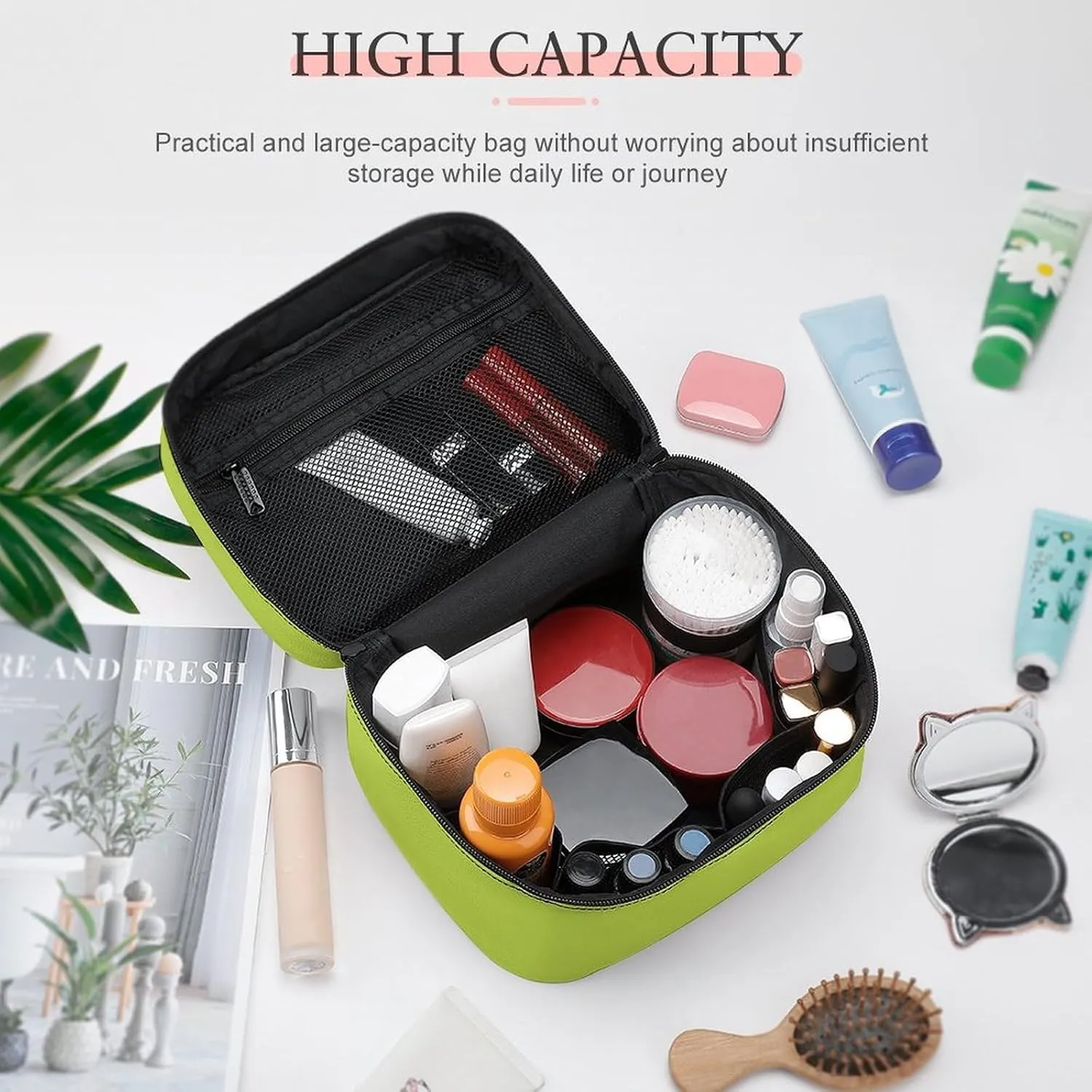 Makeup Bag, Green Plain Solid Colo Travel Cosmetic Bag Makeup Organizer Case Large Capacity Portable Zipper Toiletry Bag for Women