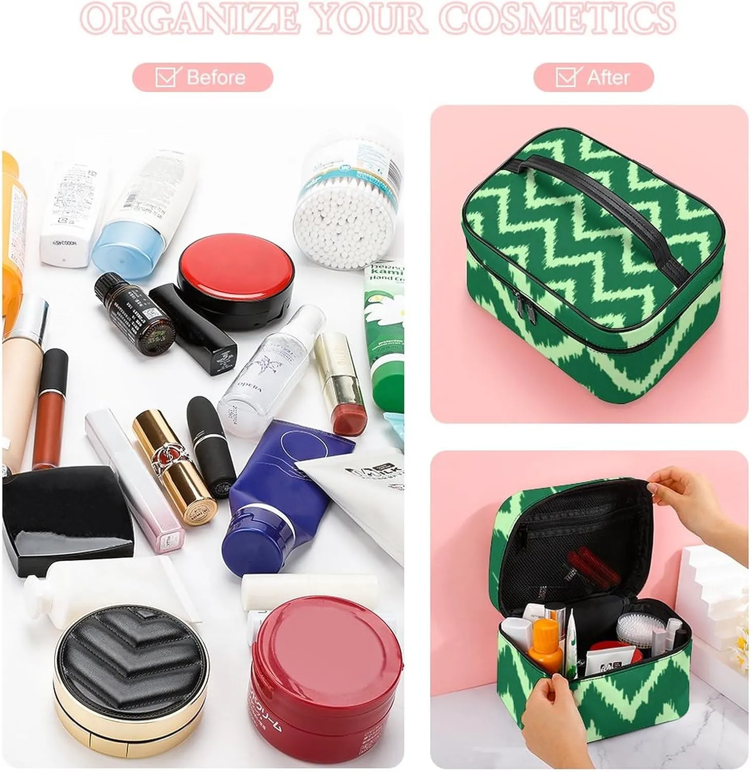 Makeup Bag, Modern Chevrons Light Green Travel Cosmetic Bag Makeup Organizer Case Large Capacity Portable Zipper Toiletry Bag for Women