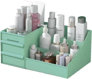 Makeup Desk Organizer with Drawers - Countertop Organizer for Cosmetics, Vanity Holder for Lipstick, Brushes, Lotions, Eyeshadow, Nail Polish and Jewelry (Green)