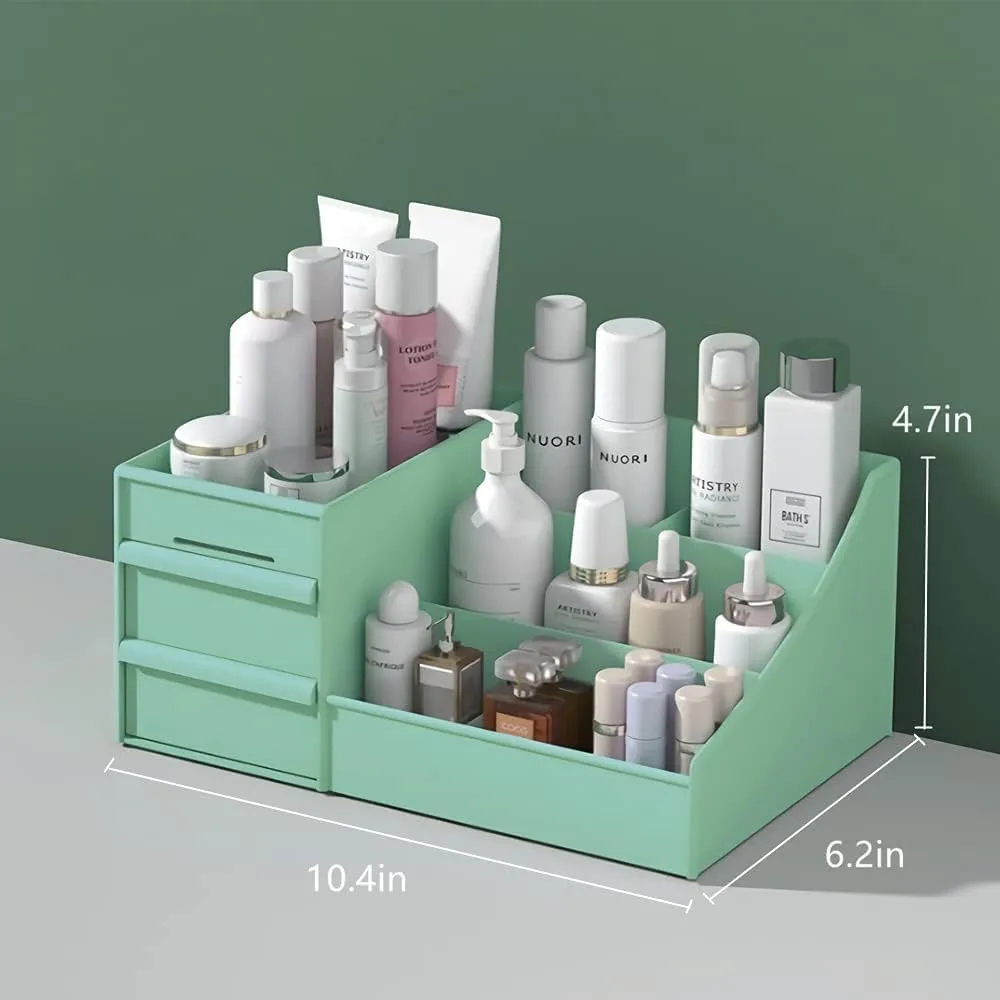 Makeup Desk Organizer with Drawers - Countertop Organizer for Cosmetics, Vanity Holder for Lipstick, Brushes, Lotions, Eyeshadow, Nail Polish and Jewelry (Green)