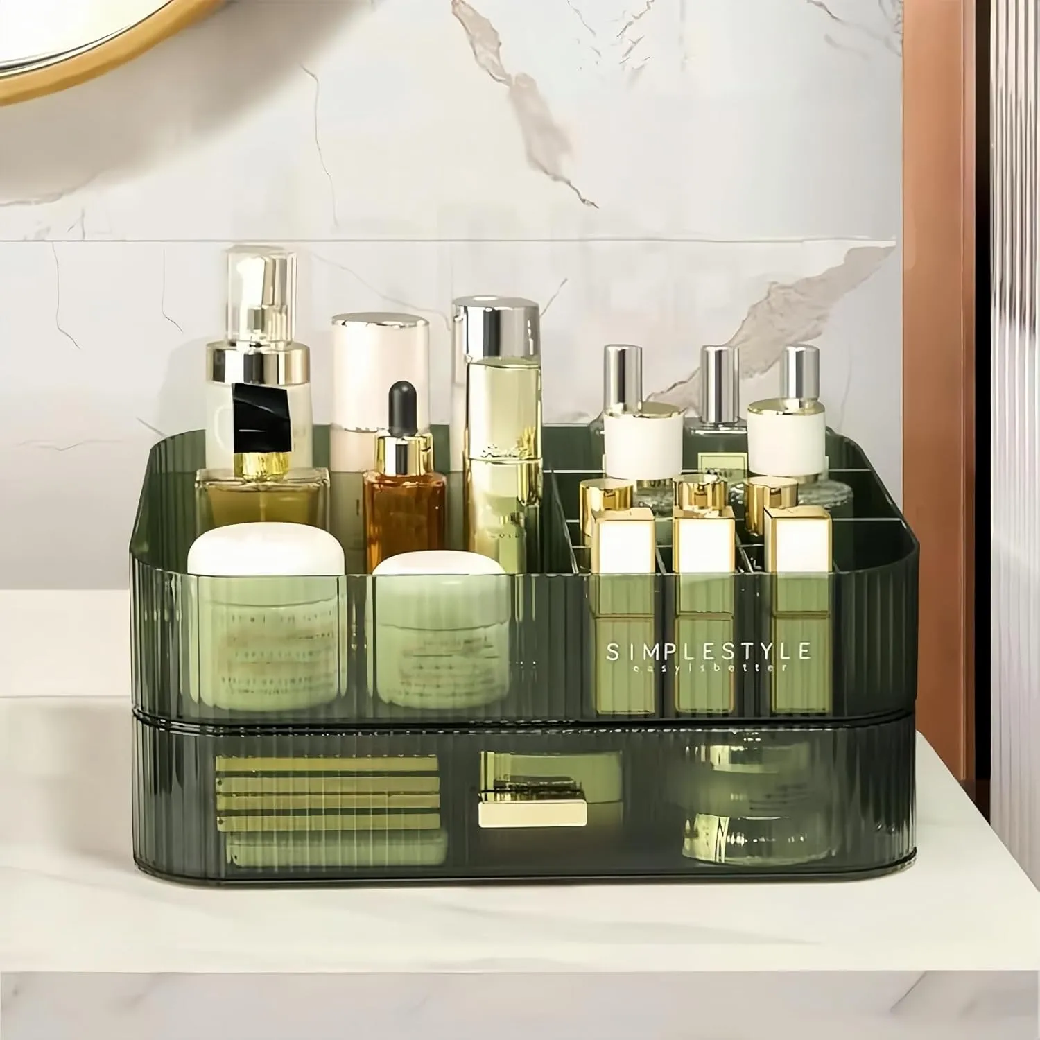 Makeup Organizer for Vanity, Large Desk Organizer with Stackable Drawer for Cosmetics, Skincare, Lipsticks, Eyeshadow Palette, Nail Care, Ideal Storage for Dresser and Bathroom Countertop-Green