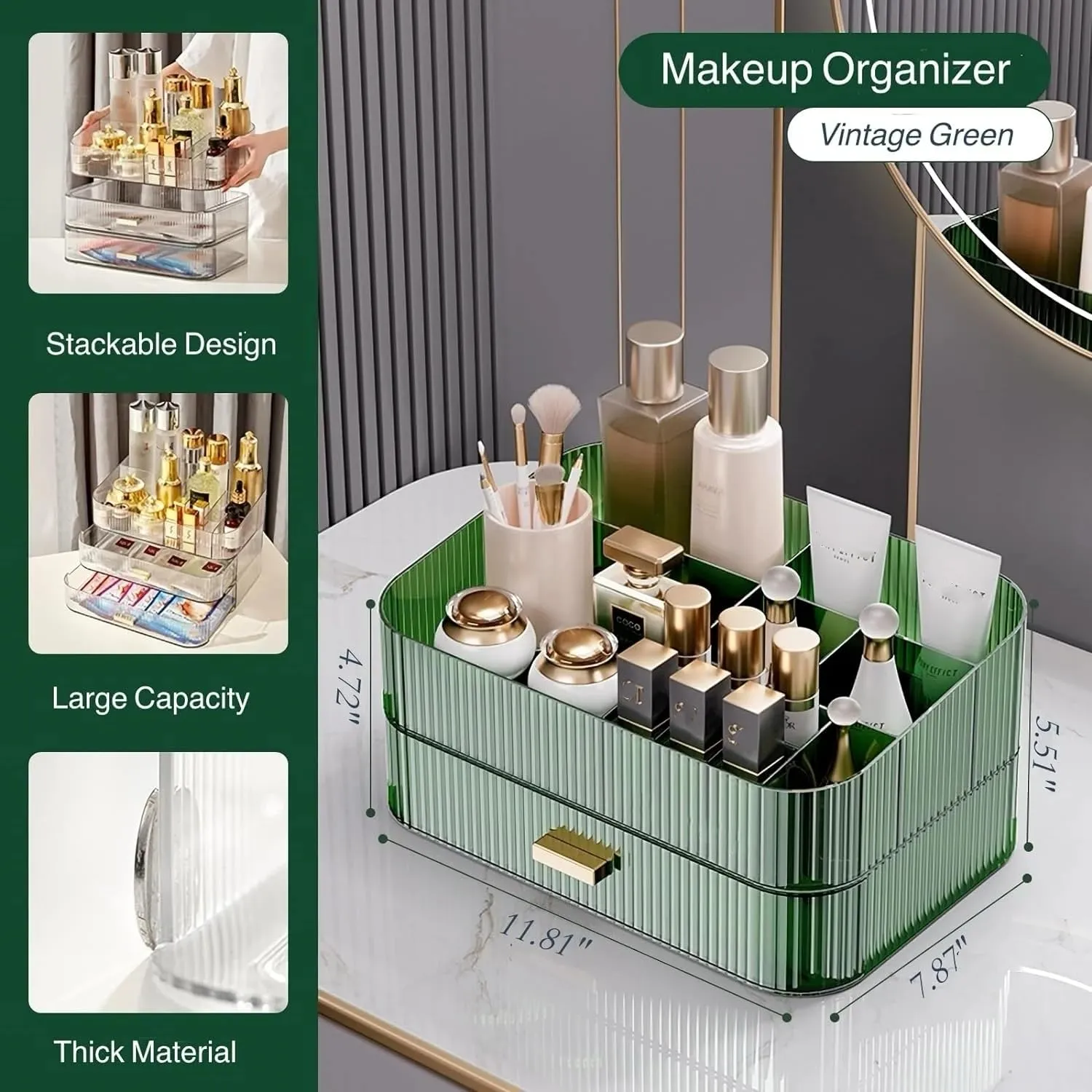 Makeup Organizer for Vanity, Large Desk Organizer with Stackable Drawer for Cosmetics, Skincare, Lipsticks, Eyeshadow Palette, Nail Care, Ideal Storage for Dresser and Bathroom Countertop-Green