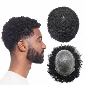 Man Weave Hair Black Men Curly Brazilian Hair Afro Toupee American African Mens Wig Full Poly Men Wave Hair Piece (#1 Jet Black, 10MM Weave)