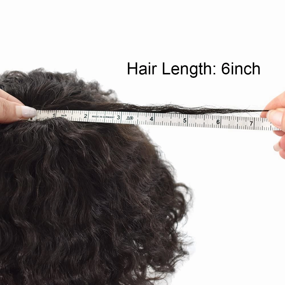 Man Weave Hair Black Men Curly Brazilian Hair Afro Toupee American African Mens Wig Full Poly Men Wave Hair Piece (#1 Jet Black, 10MM Weave)