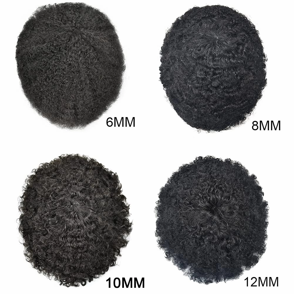 Man Weave Hair Black Men Curly Brazilian Hair Afro Toupee American African Mens Wig Full Poly Men Wave Hair Piece (#1B Off Black, 10MM Weave)