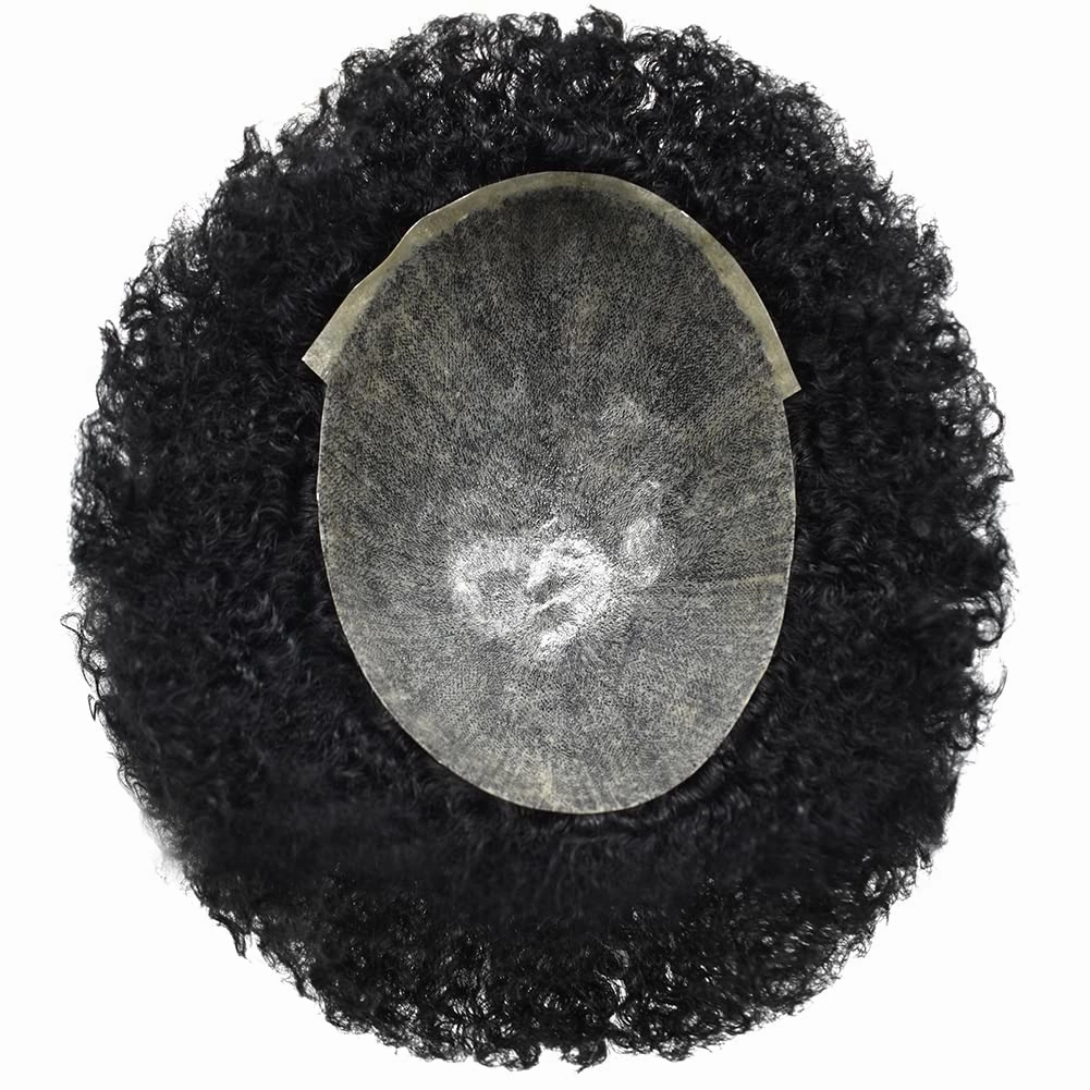 Man Weave Hair Black Men Curly Brazilian Hair Afro Toupee American African Mens Wig Full Poly Men Wave Hair Piece (#1B Off Black, 10MM Weave)