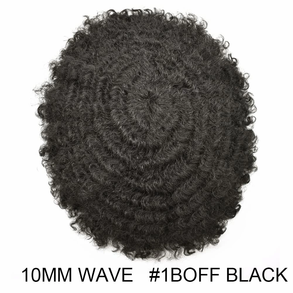 Man Weave Hair Black Men Curly Brazilian Hair Afro Toupee American African Mens Wig Full Poly Men Wave Hair Piece (#1B Off Black, 10MM Weave)