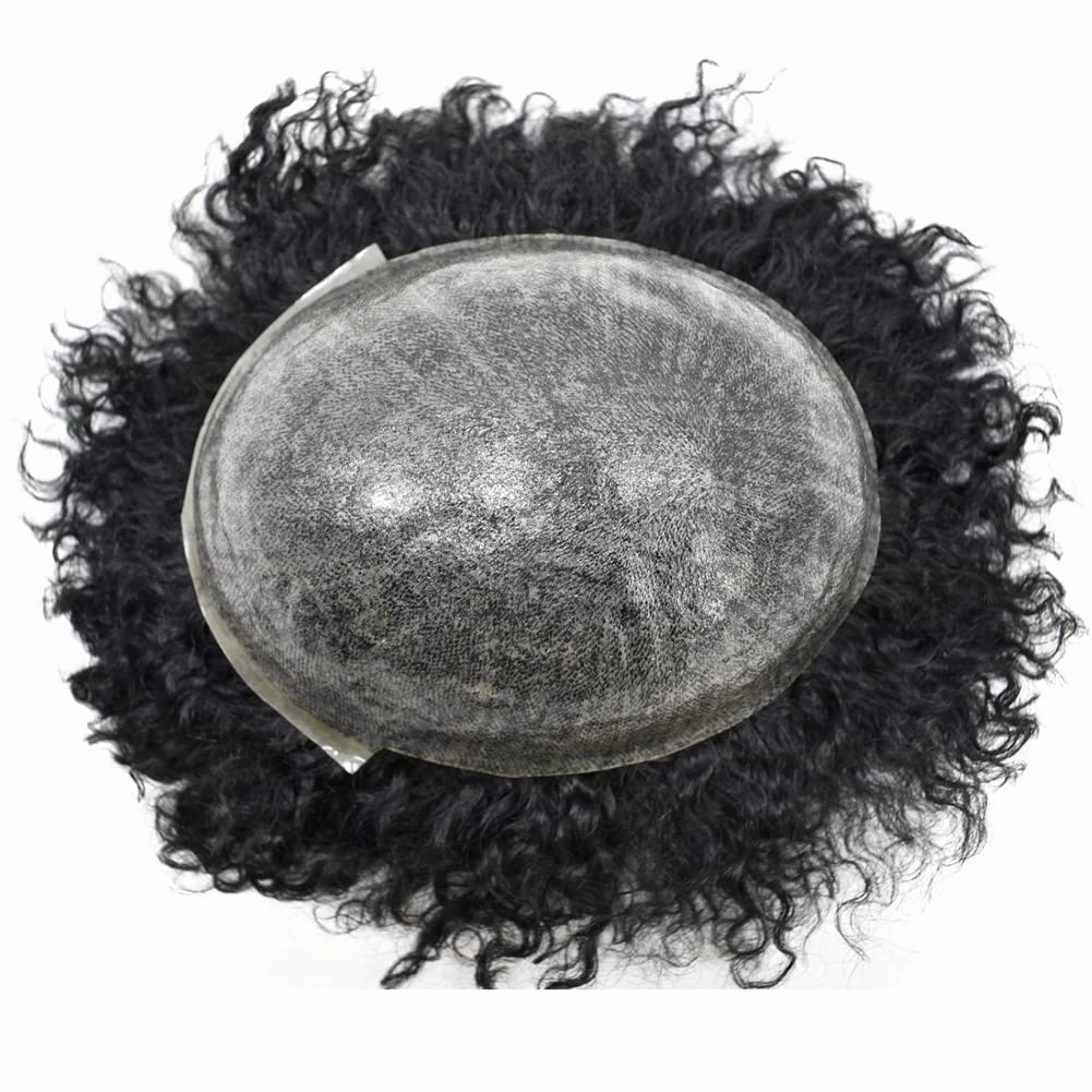 Man Weave Hair Black Men Curly Brazilian Hair Afro Toupee American African Mens Wig Full Poly Men Wave Hair Piece (#1B Off Black, 14MM Weave)