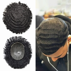 Man Weave Hair Black Men Curly Brazilian Hair Afro Toupee American African Mens Wig Full Poly Men Wave Hair Piece (#1B Off Black, 14MM Weave)