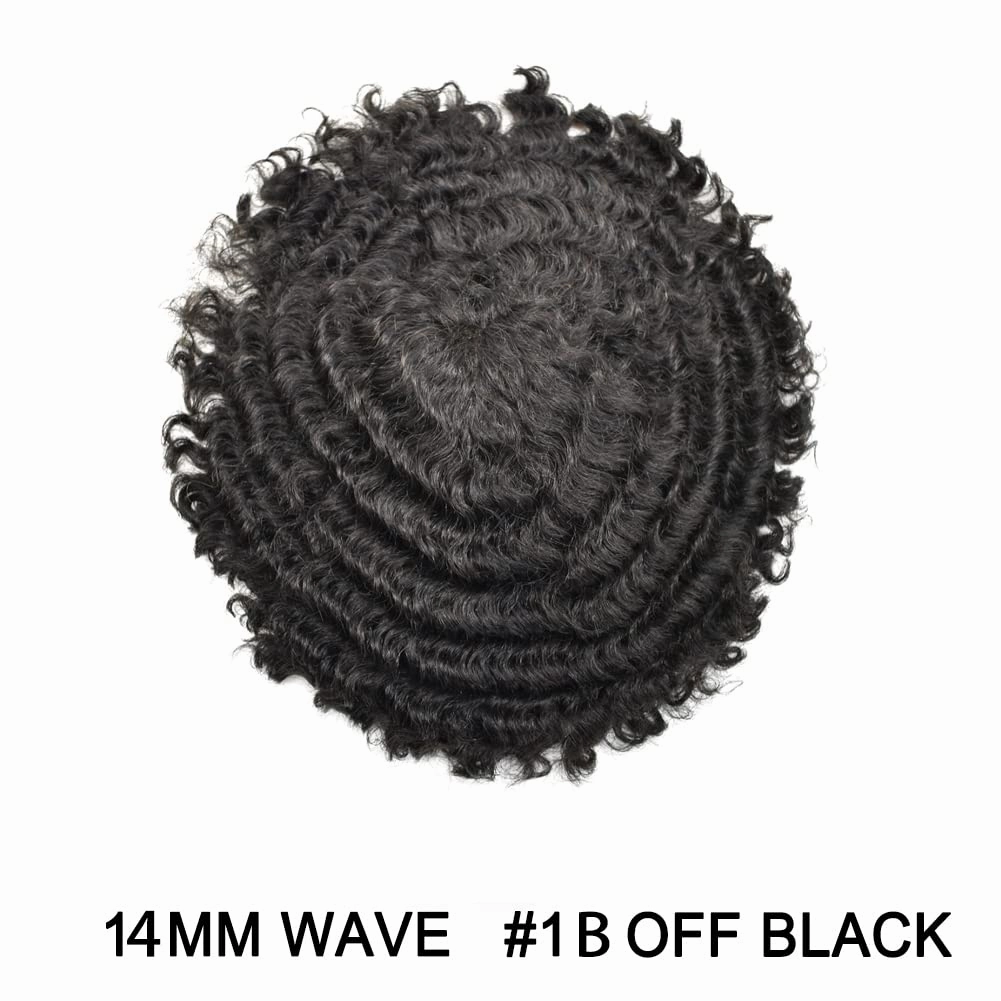 Man Weave Hair Black Men Curly Brazilian Hair Afro Toupee American African Mens Wig Full Poly Men Wave Hair Piece (#1B Off Black, 14MM Weave)