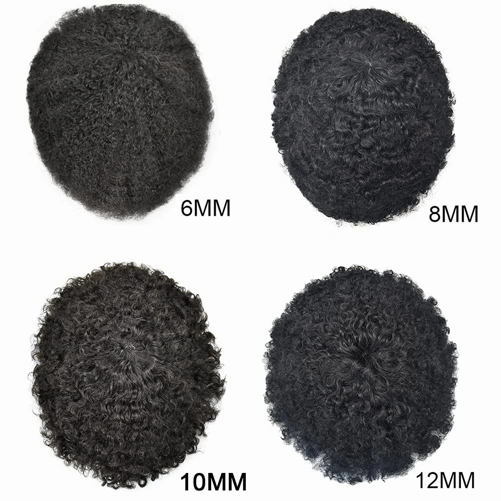 Man Weave Hair Black Men Curly Brazilian Hair Afro Toupee American African Mens Wig Full Poly Men Wave Hair Piece (#1B Off Black, 14MM Weave)