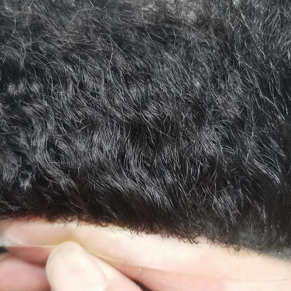 Man Weave Hair Black Men Curly Brazilian Hair Afro Toupee American African Mens Wig Full Poly Men Wave Hair Piece (#1B Off Black, 14MM Weave)