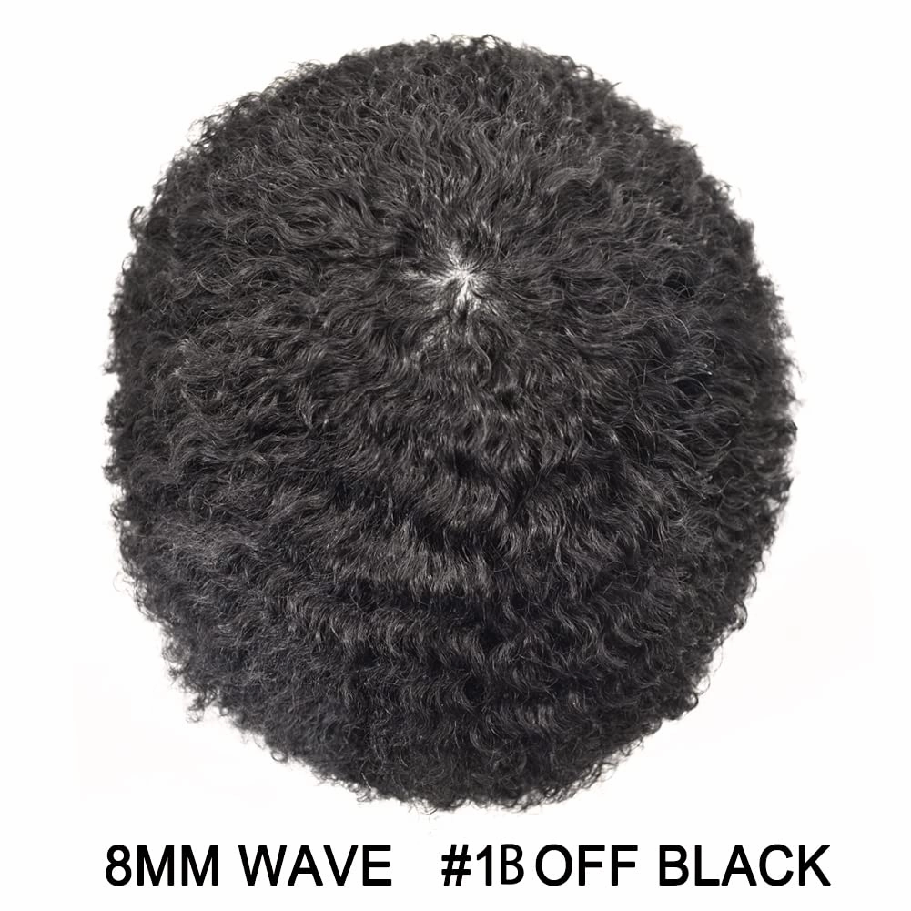 Man Weave Hair Black Men Curly Brazilian Hair Afro Toupee American African Mens Wig Full Poly Men Wave Hair Piece (#1B Off Black, 8MM Weave)