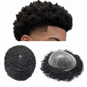 Man Weave Hair Black Men Curly Brazilian Hair Afro Toupee American African Mens Wig Full Poly Men Wave Hair Piece (#1B Off Black, 8MM Weave)