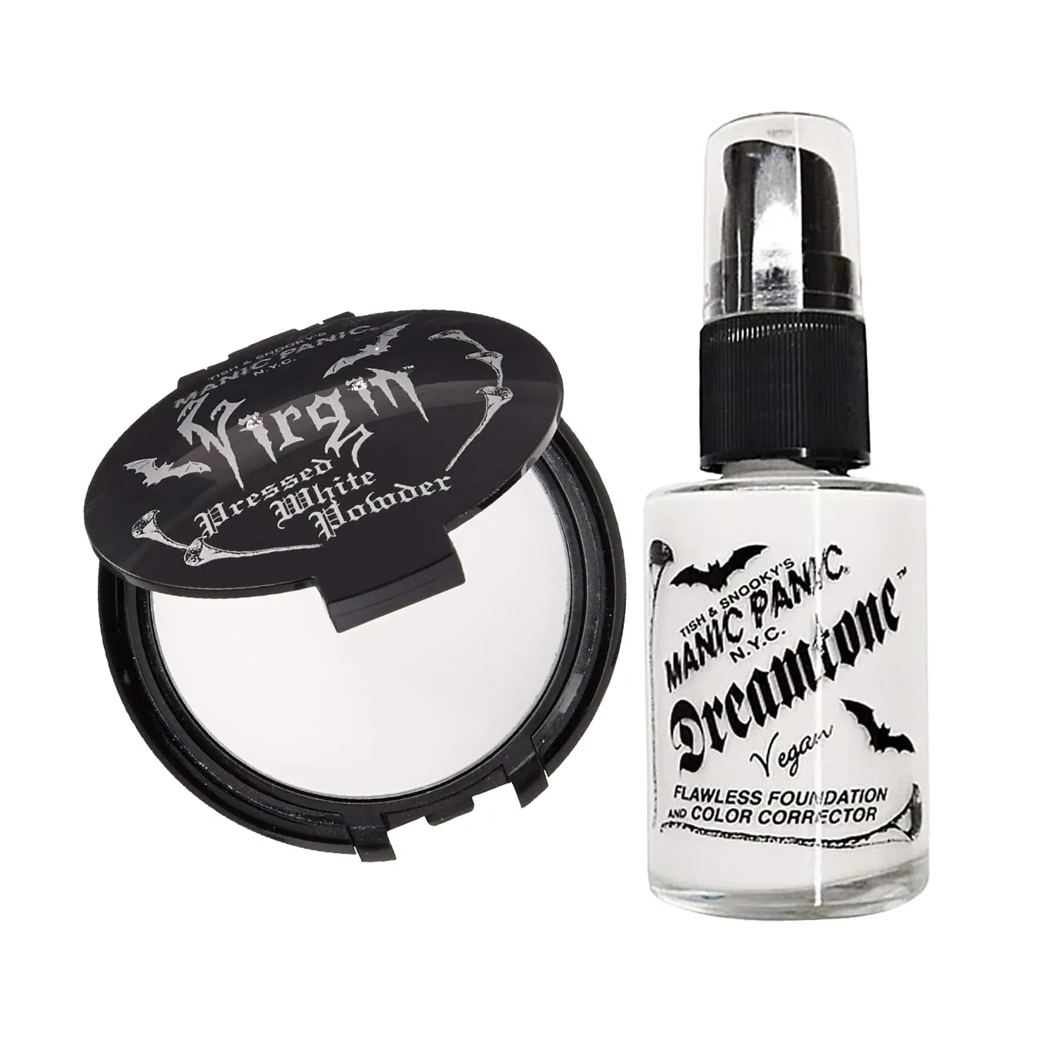 MANIC PANIC Vampyre's Veil White Pressed Powder Bundle with Dreamtone Flawless White Liquid Foundation