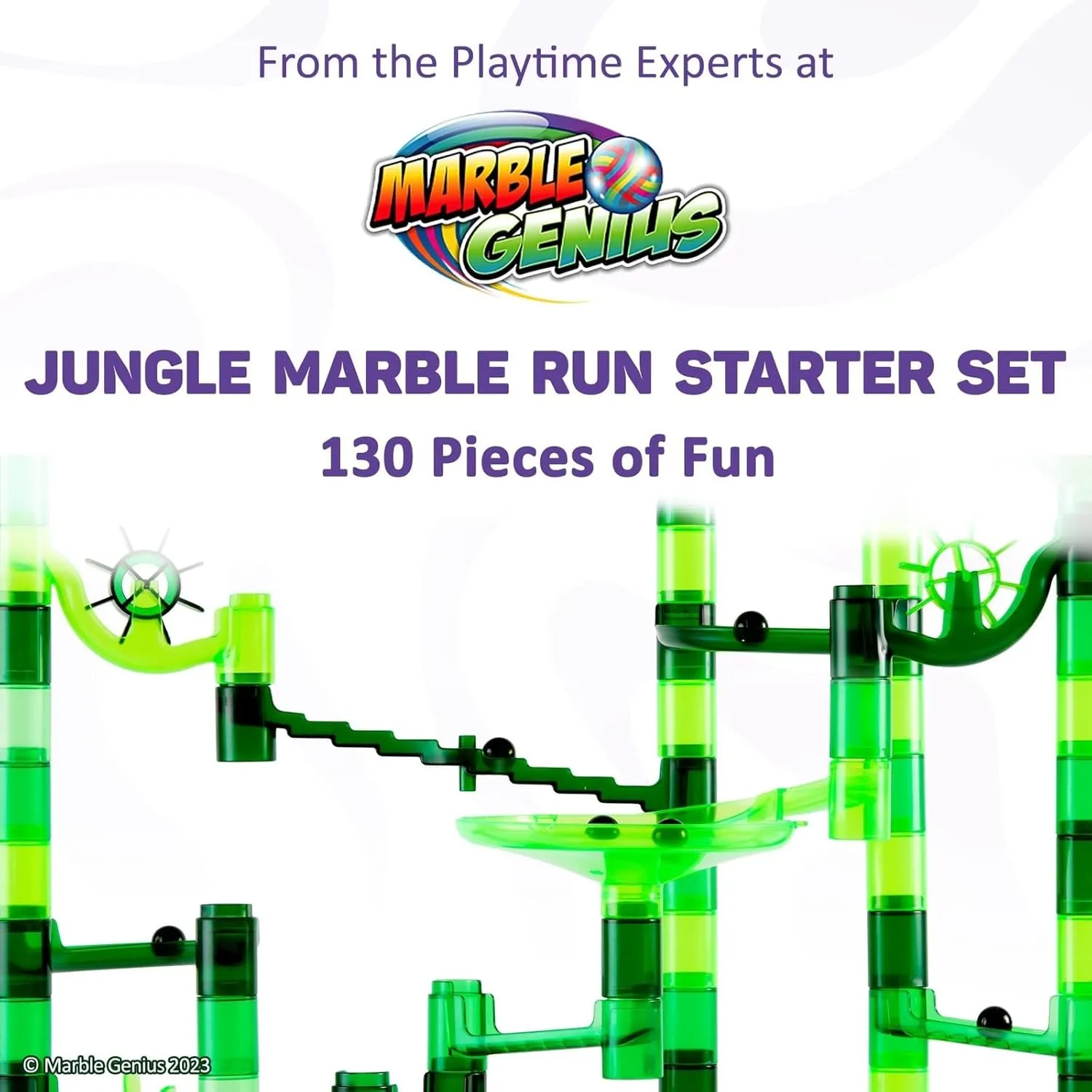 Marble Genius Marble Run Starter Set STEM Toy for Kids Ages 4-12 - 130 Complete Pieces (80 Translucent Marbulous Pieces and 50 Glass Marbles), Construction Building Block Toys, Theme (Jungle)