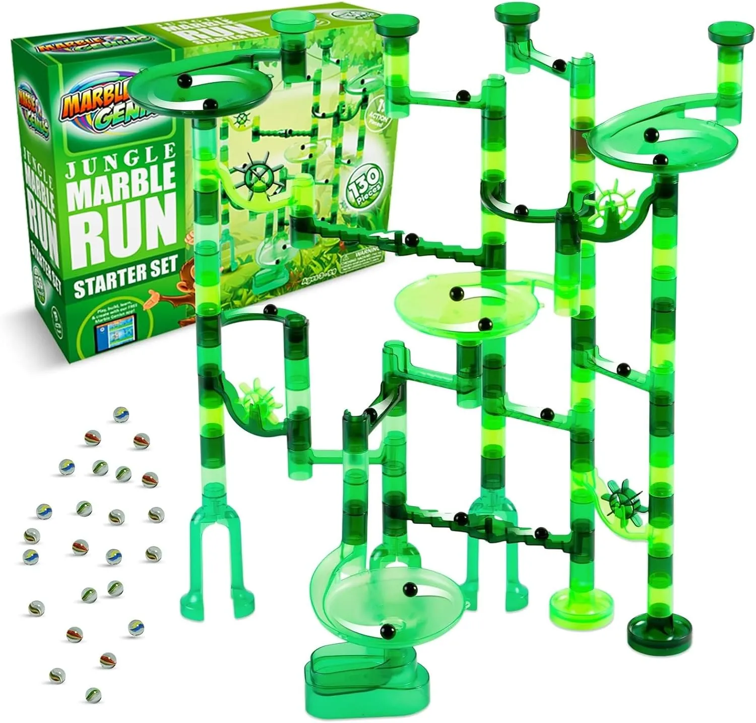 Marble Genius Marble Run Starter Set STEM Toy for Kids Ages 4-12 - 130 Complete Pieces (80 Translucent Marbulous Pieces and 50 Glass Marbles), Construction Building Block Toys, Theme (Jungle)