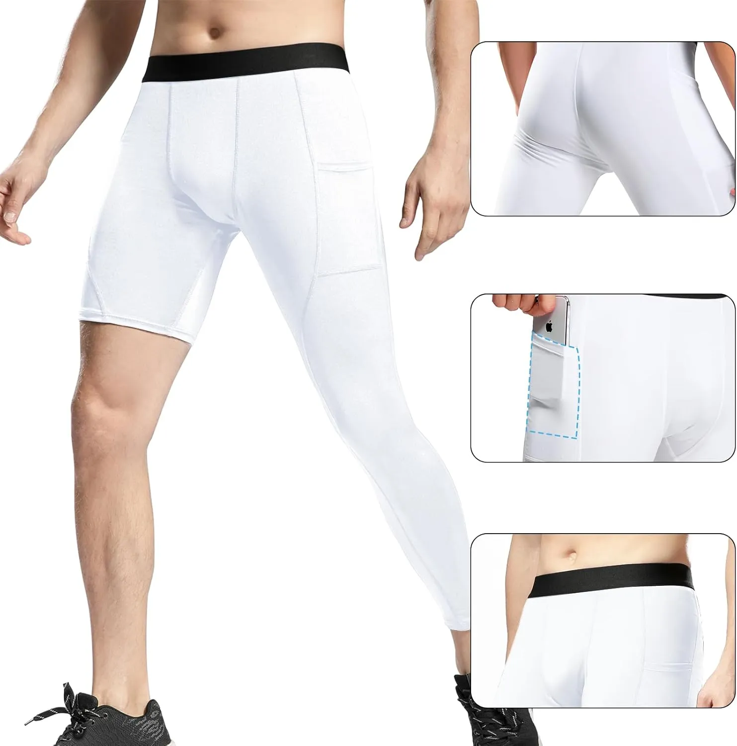 Men’s One Leg Compression Pants Full Length Tight Basketball 1/2 Single Leg Long Pant Base Layer Leggings Underwear