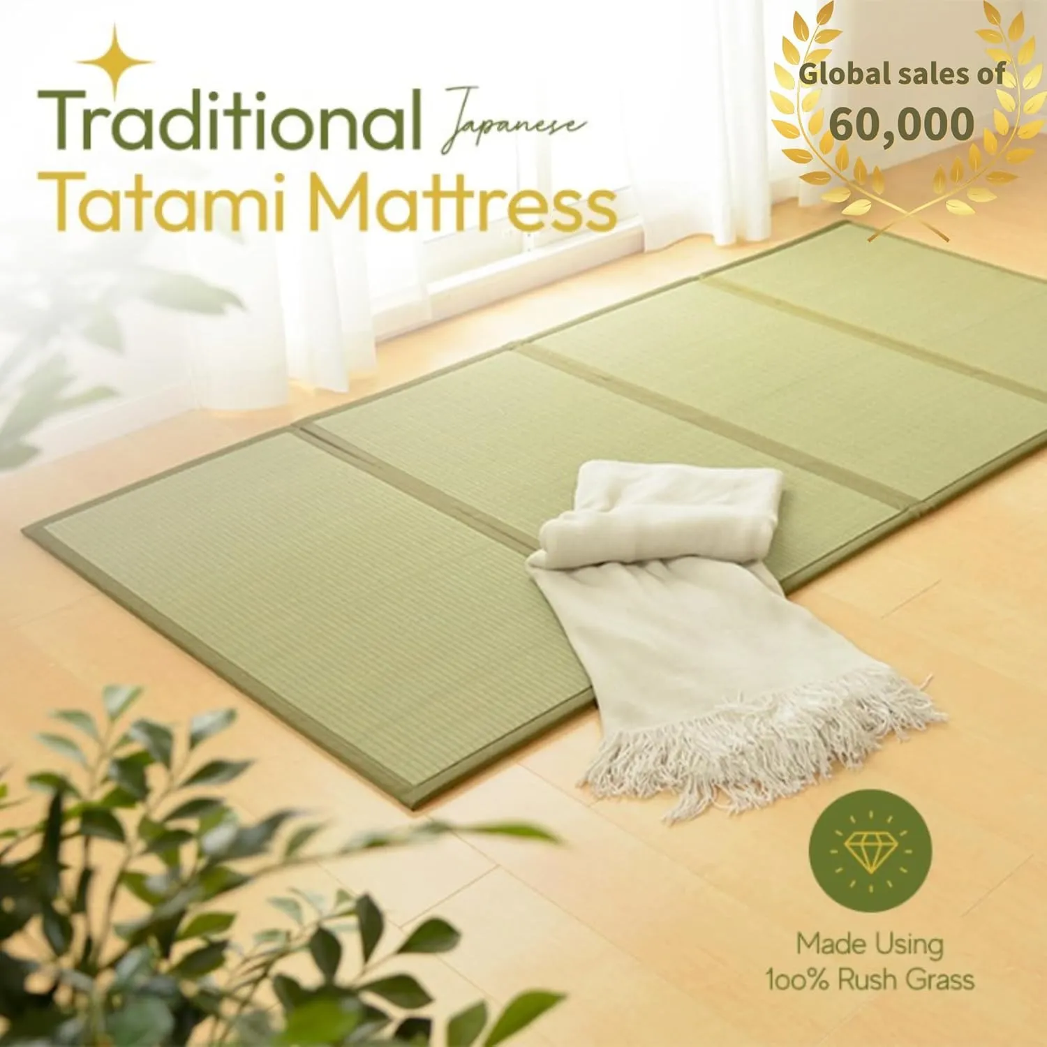 MIINA Japanese Traditional Tatami Mat, Igusa (Rush Grass) Floor Mattress, Futon, 55"x78" (Full, Natural)