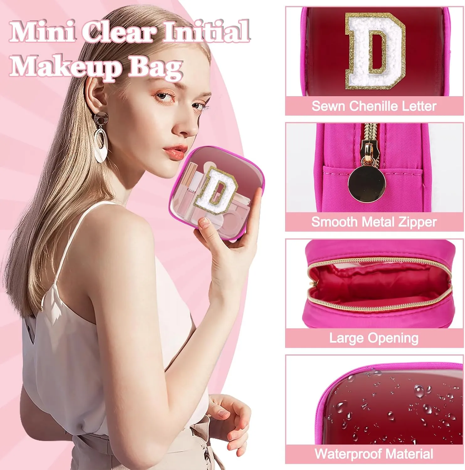 Mini Clear Personalized Initial Makeup Bag,Nylon Preppy A-Z Chenille Letter Patch Zipper Cosmetic Bag, Small Cute Beach Pouch Travel Purse Sanitary Napkin Storage Bag for Women Girls(Hot Pink-White D)
