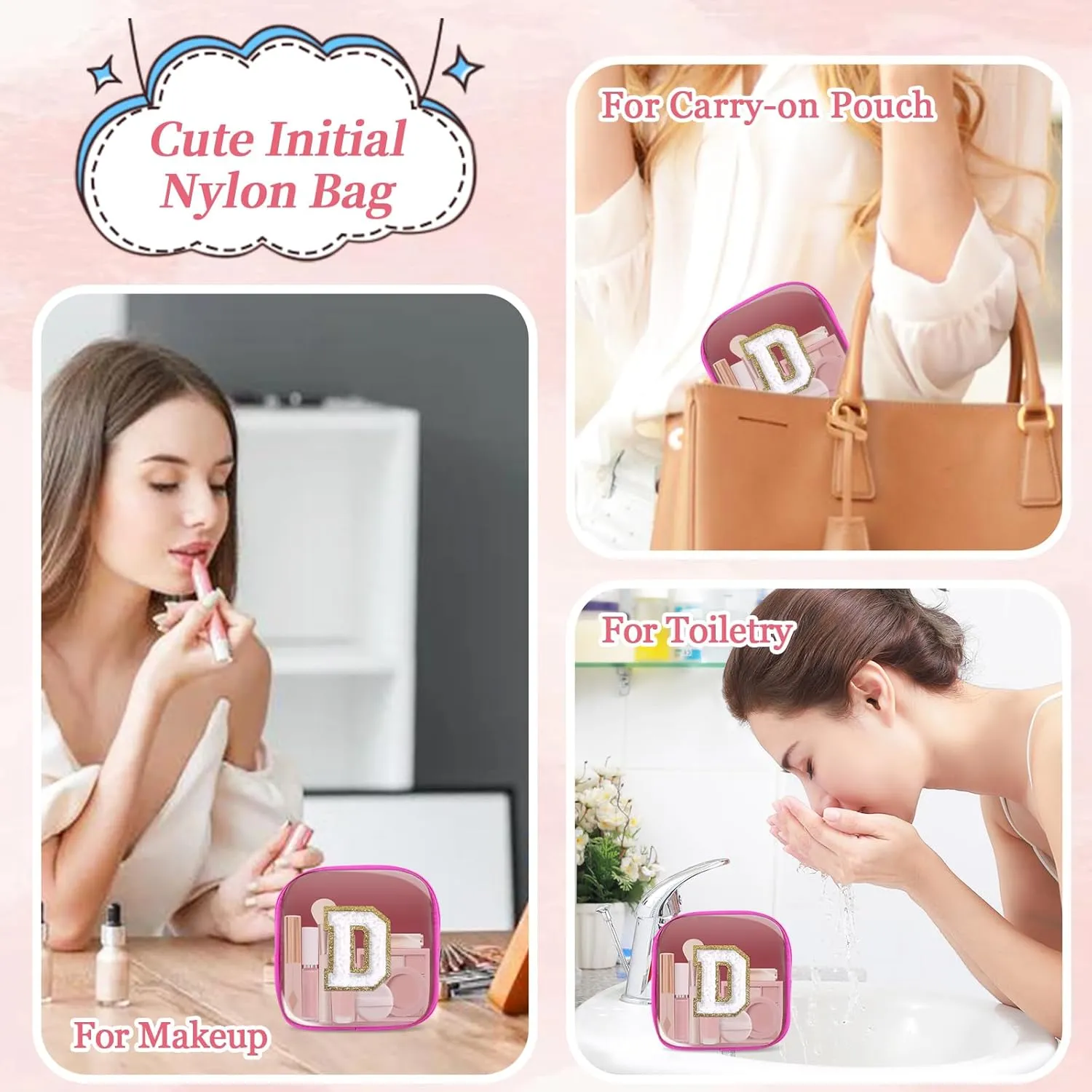 Mini Clear Personalized Initial Makeup Bag,Nylon Preppy A-Z Chenille Letter Patch Zipper Cosmetic Bag, Small Cute Beach Pouch Travel Purse Sanitary Napkin Storage Bag for Women Girls(Hot Pink-White D)