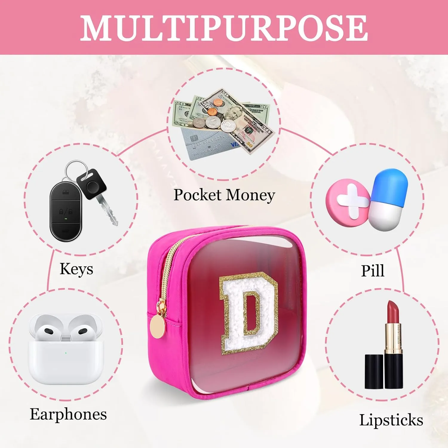 Mini Clear Personalized Initial Makeup Bag,Nylon Preppy A-Z Chenille Letter Patch Zipper Cosmetic Bag, Small Cute Beach Pouch Travel Purse Sanitary Napkin Storage Bag for Women Girls(Hot Pink-White D)