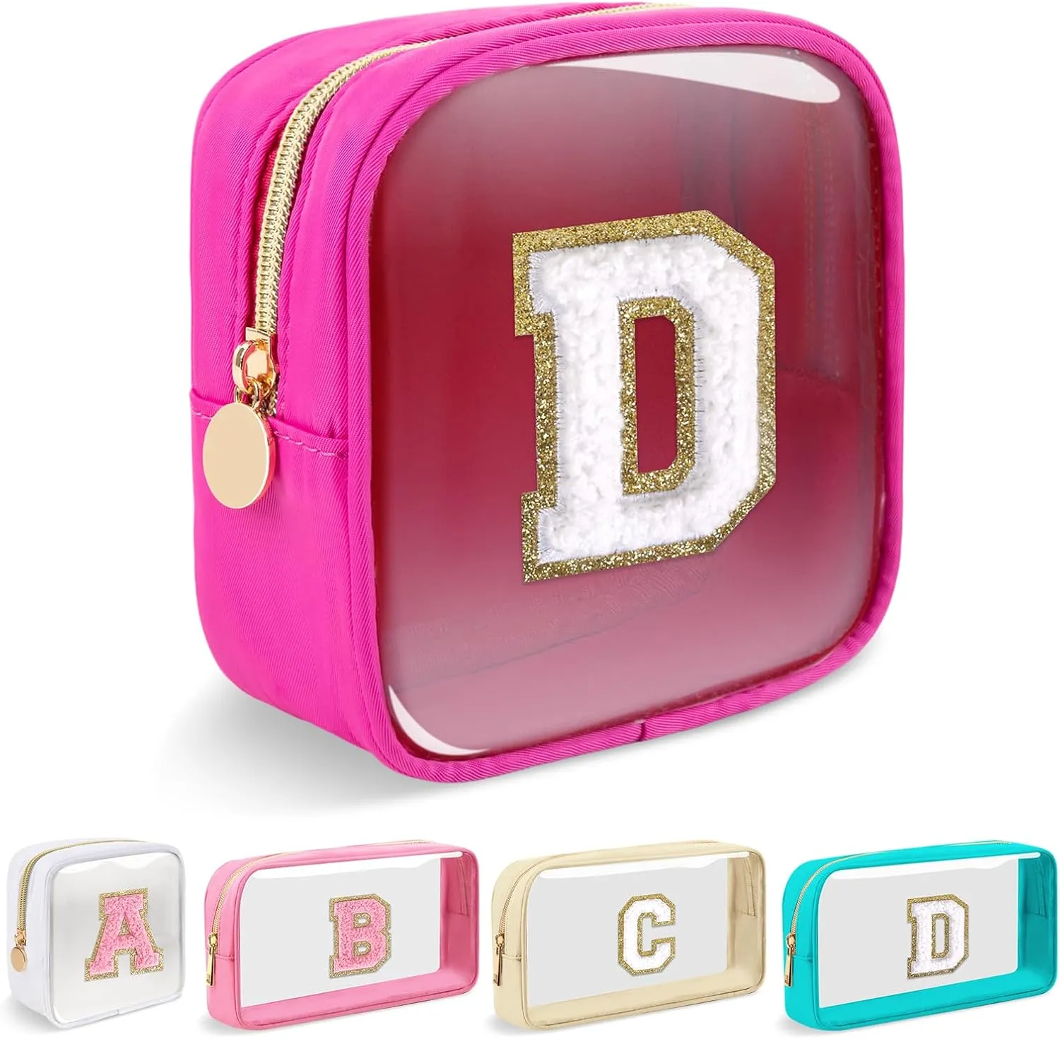 Mini Clear Personalized Initial Makeup Bag,Nylon Preppy A-Z Chenille Letter Patch Zipper Cosmetic Bag, Small Cute Beach Pouch Travel Purse Sanitary Napkin Storage Bag for Women Girls(Hot Pink-White D)
