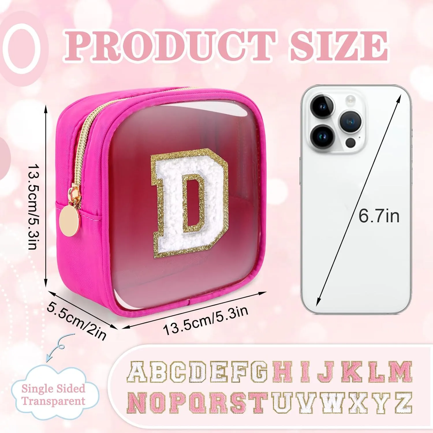Mini Clear Personalized Initial Makeup Bag,Nylon Preppy A-Z Chenille Letter Patch Zipper Cosmetic Bag, Small Cute Beach Pouch Travel Purse Sanitary Napkin Storage Bag for Women Girls(Hot Pink-White D)