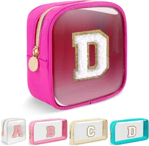 Mini Clear Personalized Initial Makeup Bag,Nylon Preppy A-Z Chenille Letter Patch Zipper Cosmetic Bag, Small Cute Beach Pouch Travel Purse Sanitary Napkin Storage Bag for Women Girls(Hot Pink-White D)