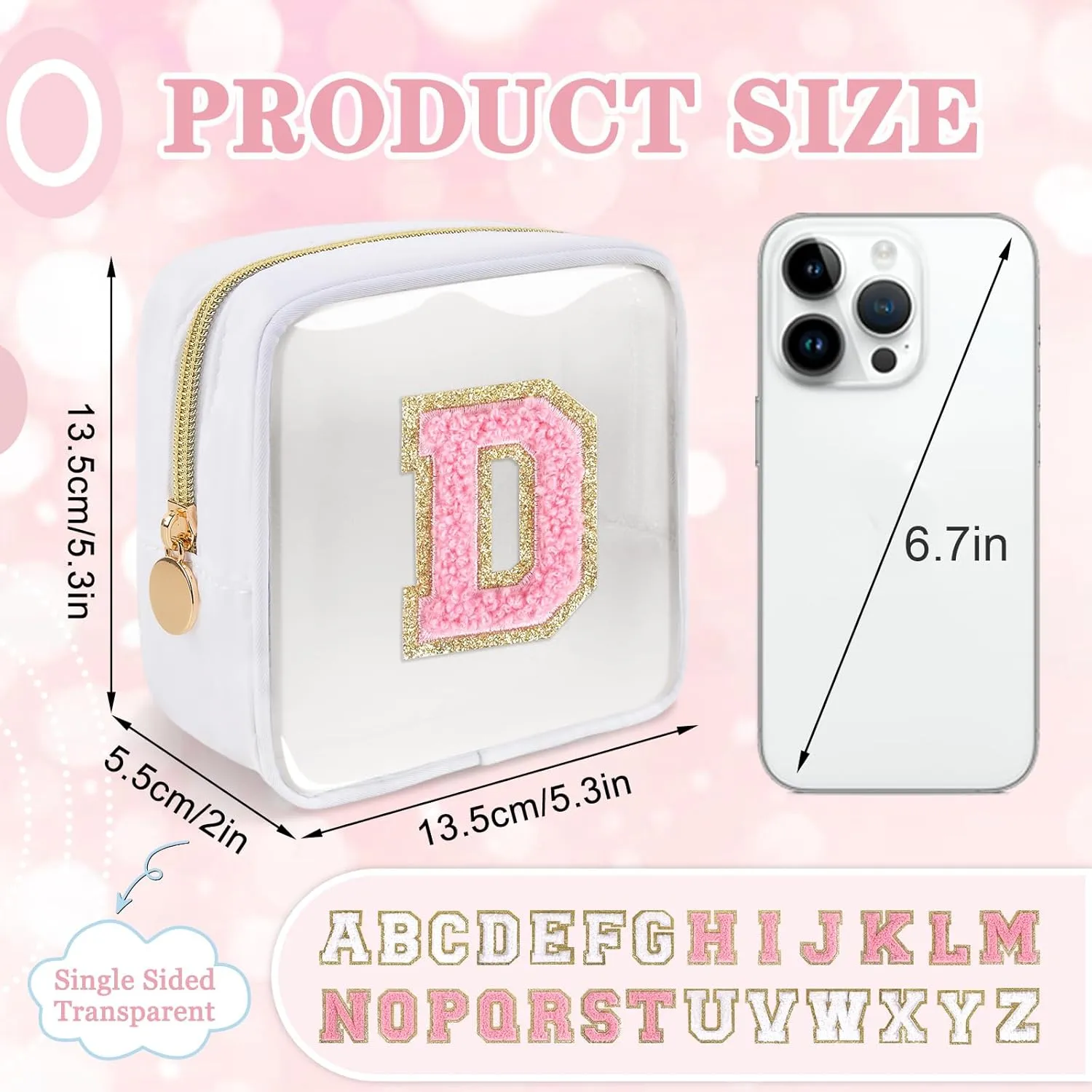 Mini Clear Personalized Initial Makeup Bag,Nylon Preppy A-Z Chenille Letter Patch Zipper Cosmetic Bag, Small Cute Beach Pouch Travel Purse Sanitary Napkin Storage Bag for Women Girls(White-Pink D)