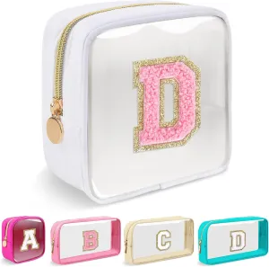 Mini Clear Personalized Initial Makeup Bag,Nylon Preppy A-Z Chenille Letter Patch Zipper Cosmetic Bag, Small Cute Beach Pouch Travel Purse Sanitary Napkin Storage Bag for Women Girls(White-Pink D)